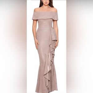 Betsy & Adam Off-the-Shoulder Glitter Gown Blush Dress, Blush, US 2
